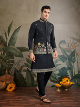 Black Jodhpuri Designer Kurta Set With Multi Coloured Thread Embroidery Work Jacket